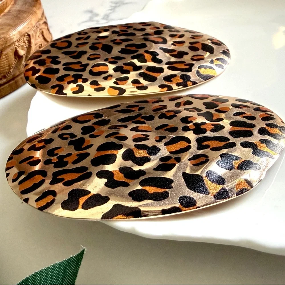 2/$30🌵 Animal Print Cheetah Leopard Jumbo Oval Gold Tone Earrings Boho Gift NEW